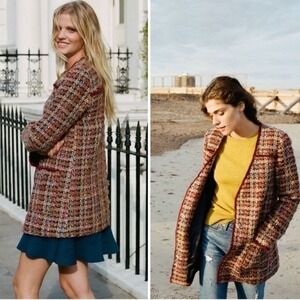 Anthropologie Ett:twa Small $178 Harlequin Tweed‎ Fringe Trim Wool Blend Coat
